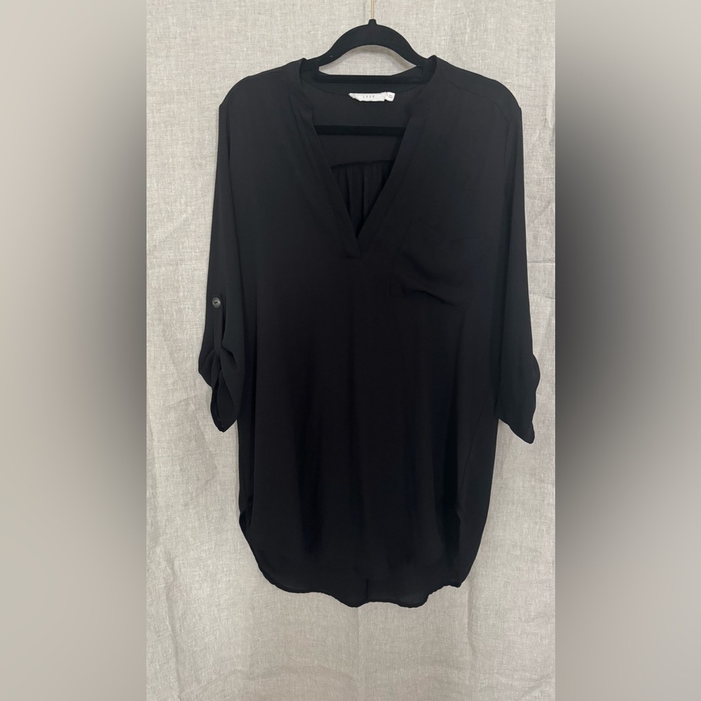 Lush Women's Blouse Size S Black Sheer Roll Tab Sleeve V Neck Pocket Disco